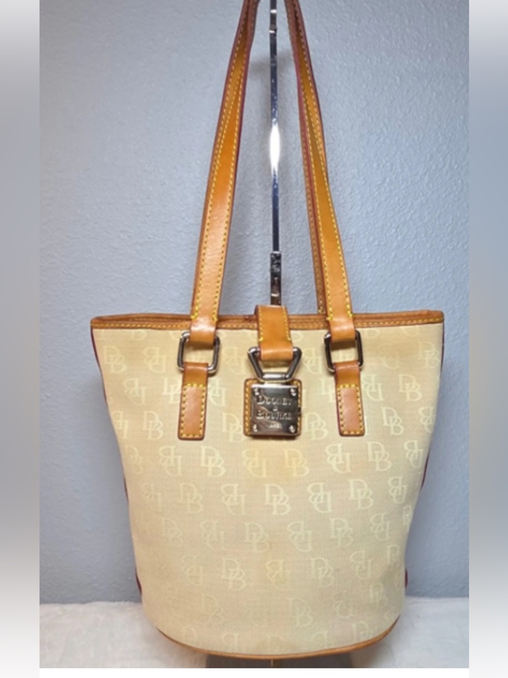 Dooney & Bourke Beige Canvas Logo Bucket Purse with Tan Leather